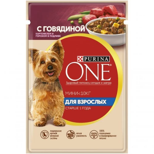 Влажный корм для взрослых собак мелких пород Purina One Мини с говядиной картофелем и горохом в подливе 85 г