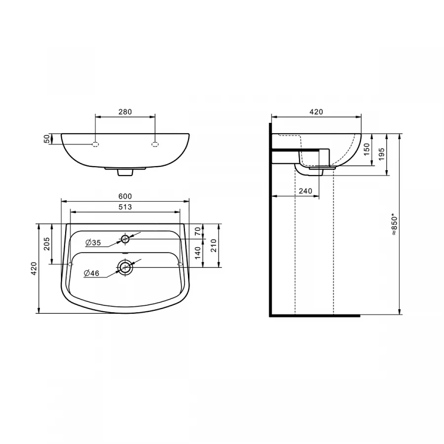 Умывальник Santek Лонги 1 отверстие 1.WH50.1.756 60 см