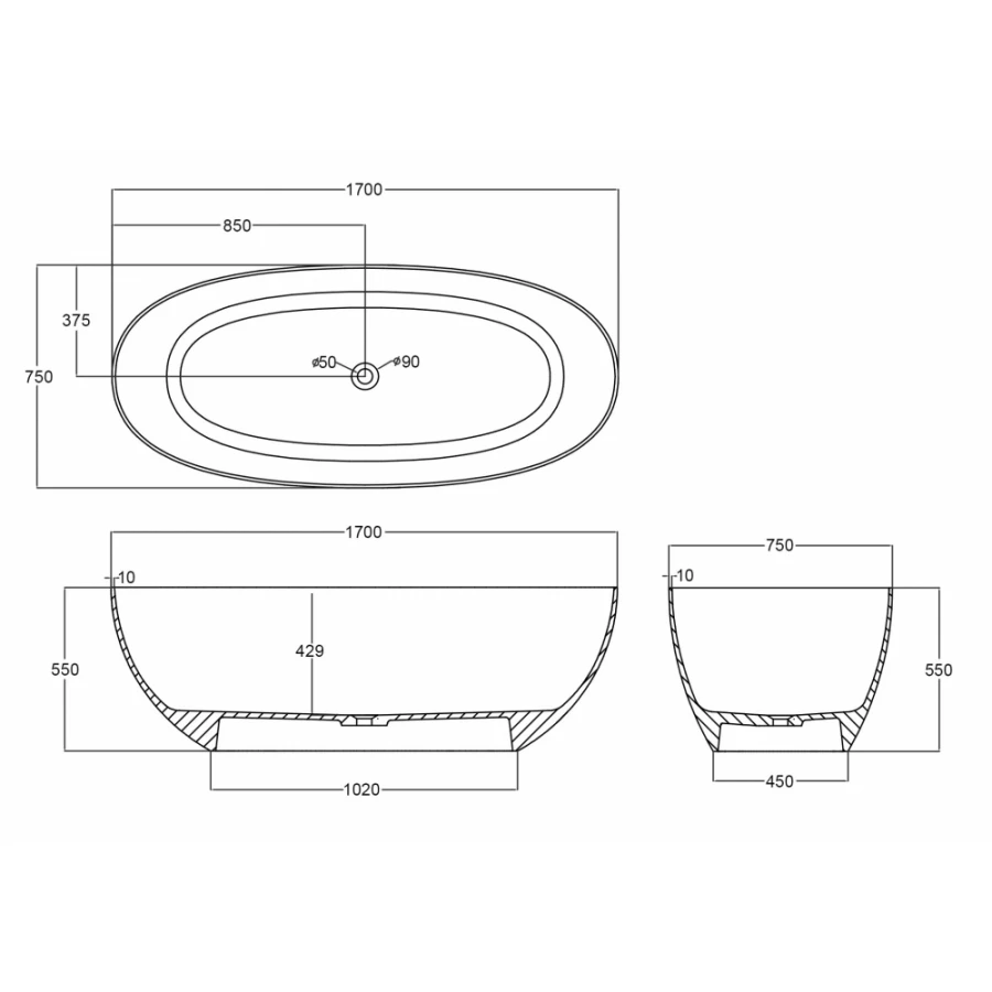 Прозрачная ванна Abber Kristall черная AT9703Onyx 170x75 см