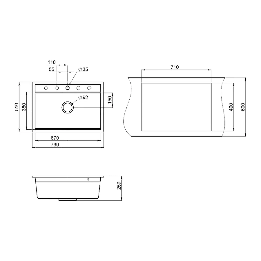 Кухонная мойка Granula Kitchen Space 7301, ЧЁРНЫЙ 73х51 см