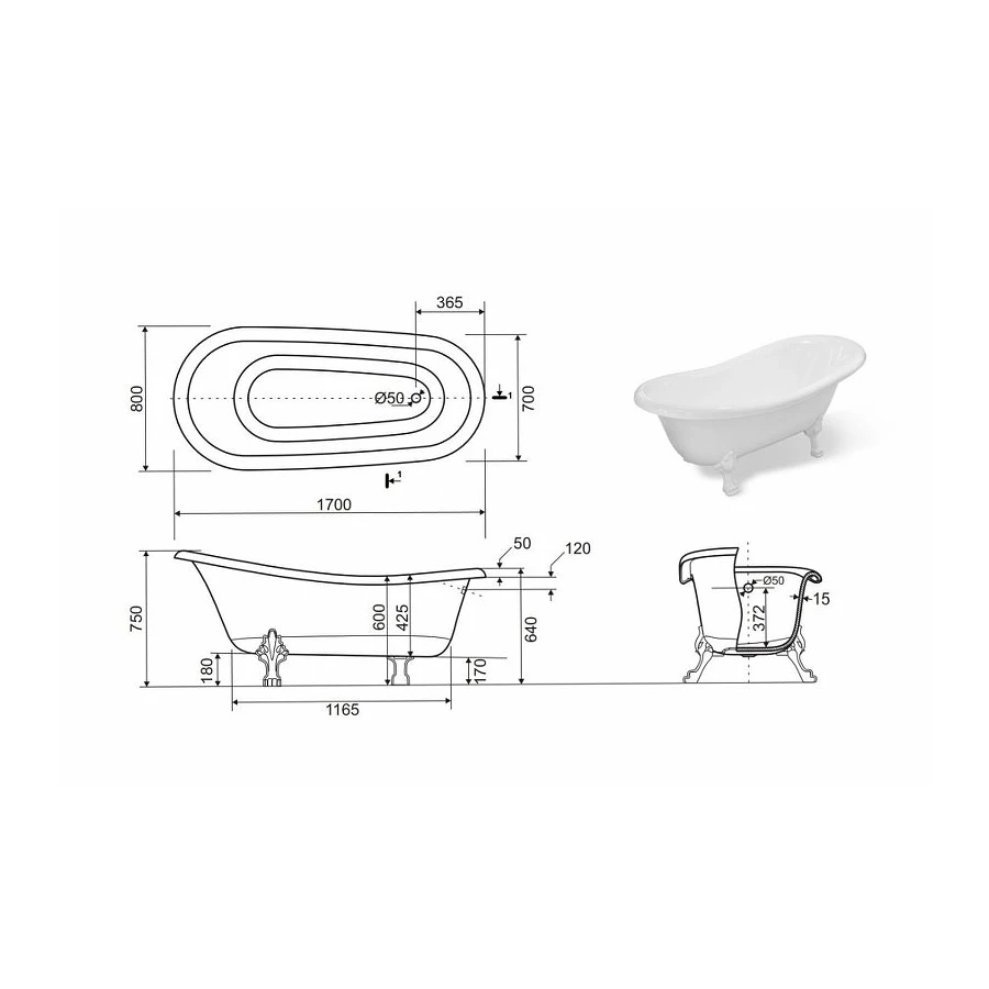 Ванна из литьевого мрамора Creto Corsica с белыми ножками 24-1111 170х80 см