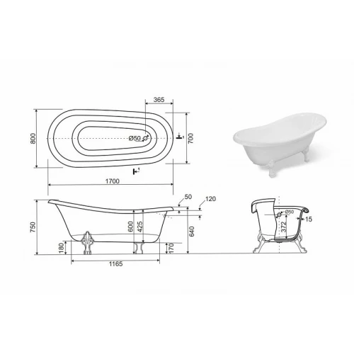 Ванна из литьевого мрамора Creto Corsica с белыми ножками 24-1111 170х80 см