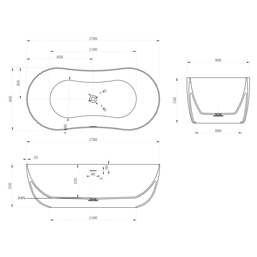 Ванна из искусственного камня Abber Stein белая матовая AS9604 170x80 см
