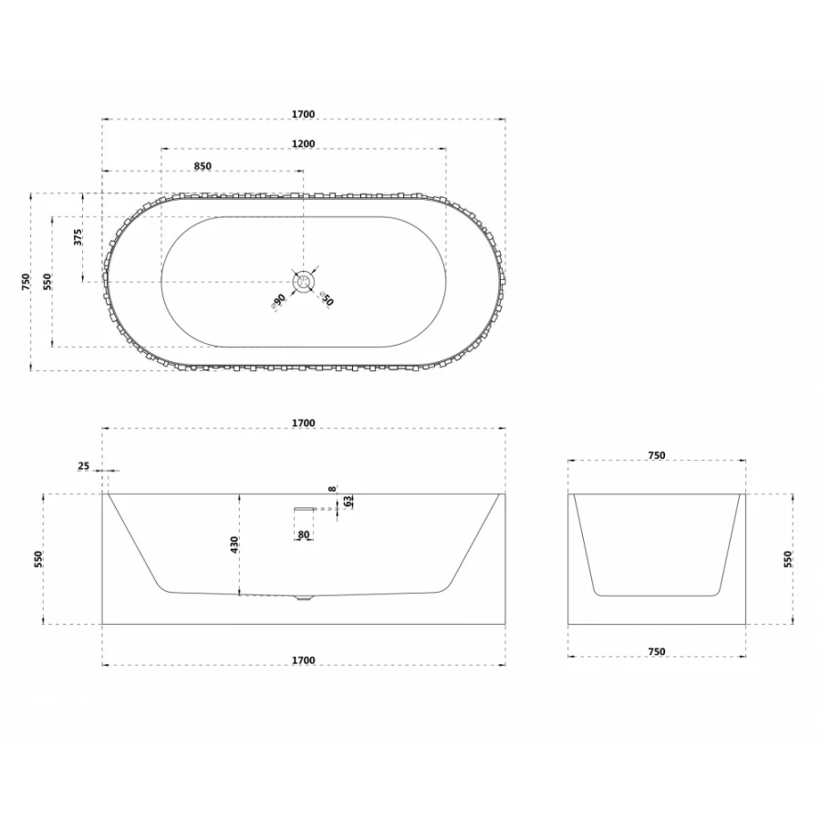 Ванна из искусственного камня Abber Stein белая матовая AS9653 170х75 см
