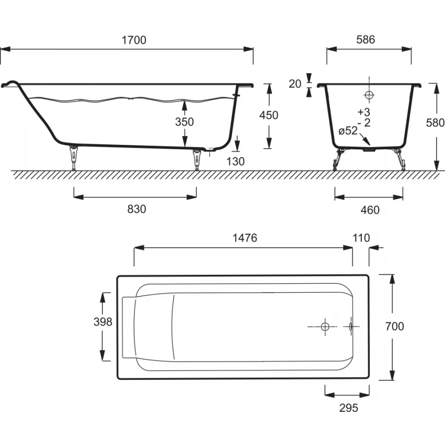 Ванна чугунная Jacob Delafon Parallel с антискользящим покрытием без отверстий для ручек без ножек белая E2947-00 170x70 см
