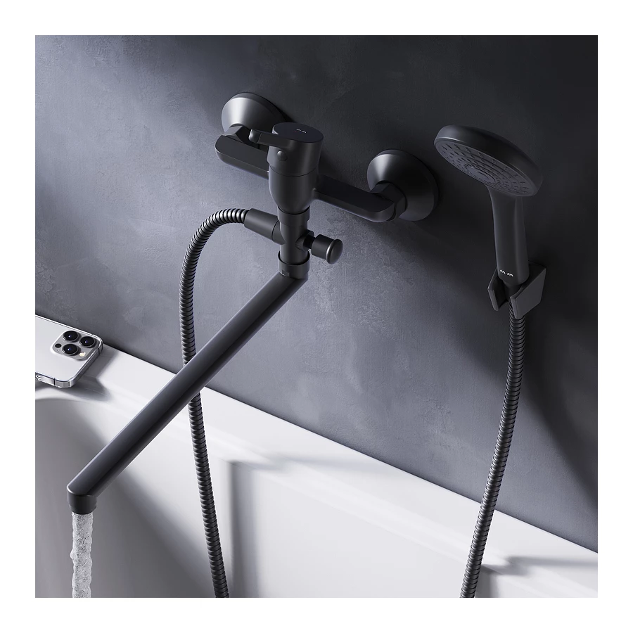 Смеситель для ванны и душа Am Pm X-Joy S с длинным изливом и душевым набором F85B90122