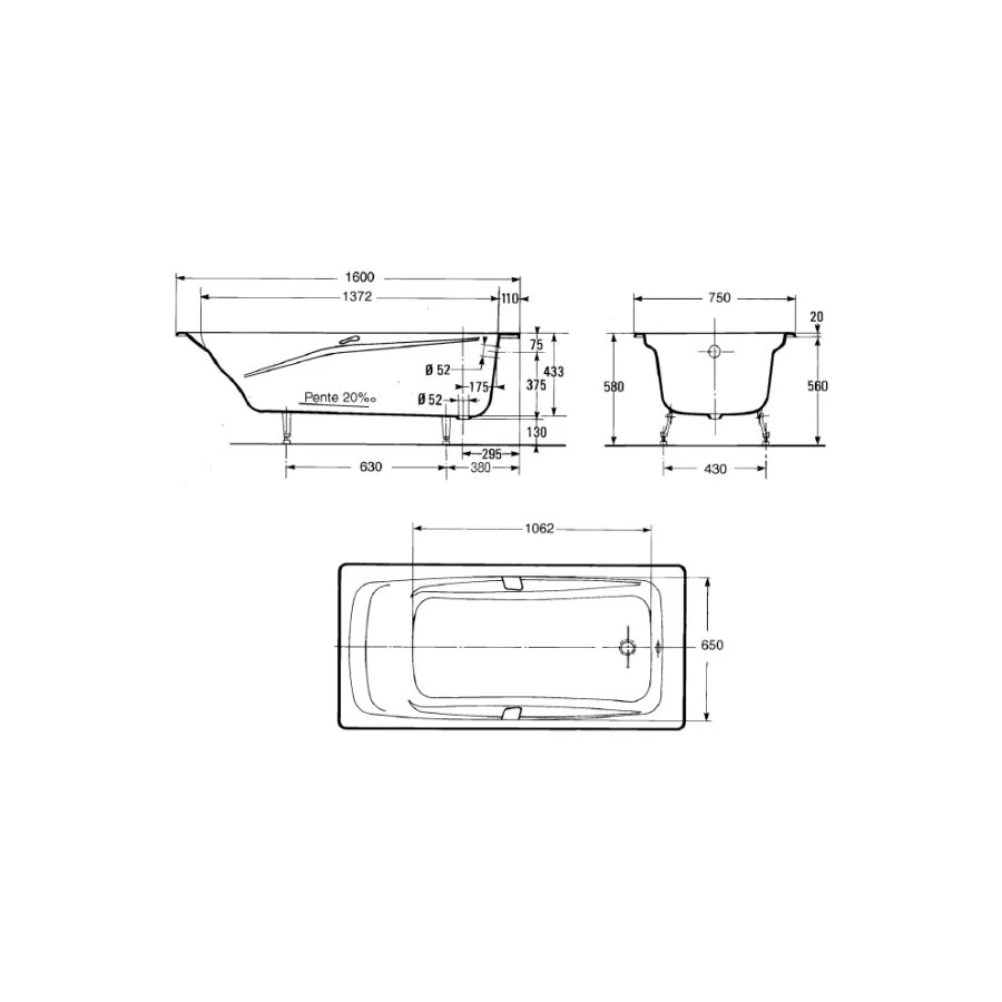 Ванна Jacob Delafon Rub repos с отверстиями для ручек E2929-00 160х75 см