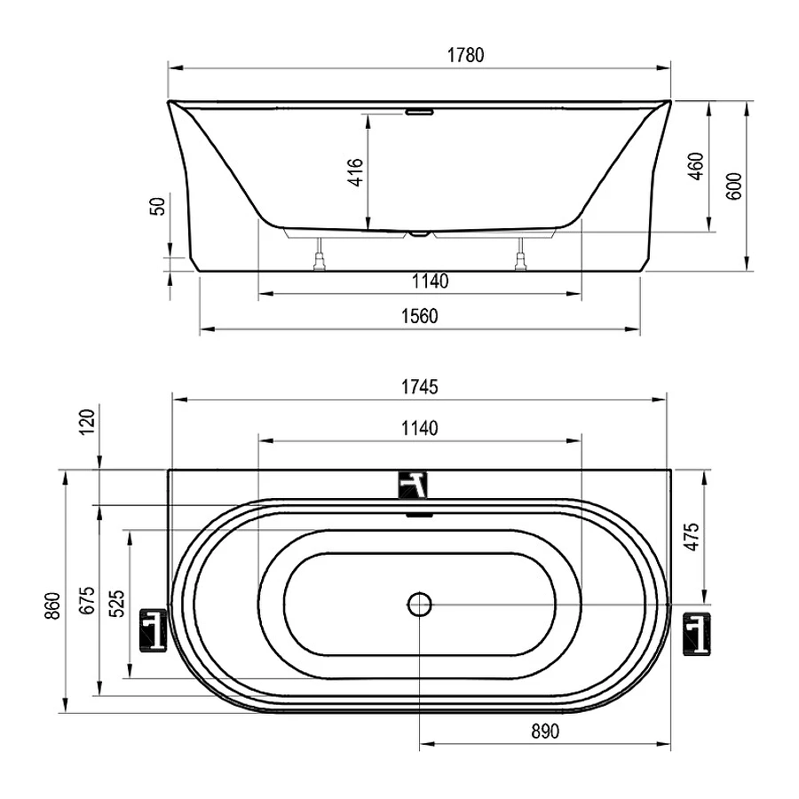 Ванна Ravak YPSILON W белая отдельностоящая черный слив XC00100035 178х86 см