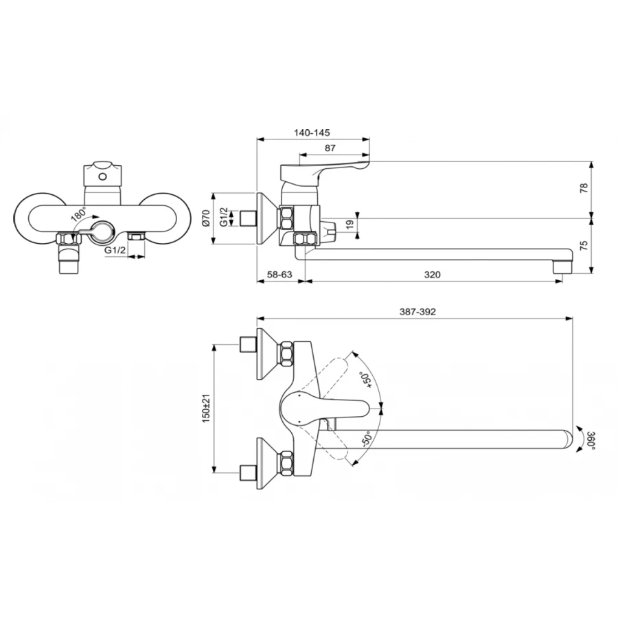 Смеситель для ванны Ideal Standard Alpha с длинным изливом настенный хром BD044AA