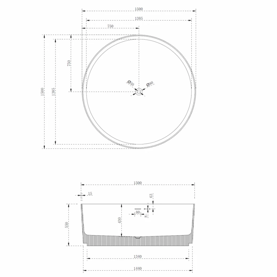 Ванна из искусственного камня Abber Stein белая матовая AS9679 150x150 см