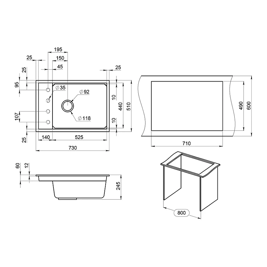 Кухонная мойка Granula Kitchen Space 7305, АРКТИК 73х51 см