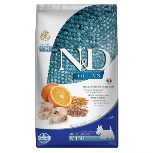 Корм зерновой для собак мелких пород Farmina N&D Ocean Godfish Spelt Oats & Orange Adult Mini треска со спельтой овсом и апельсином 800 г