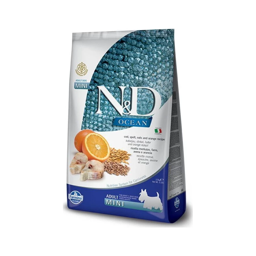 Корм зерновой для собак мелких пород Farmina N&D Ocean Dog Codfish Spelt Oats & Orange Adult Mini треска со спельтой овсом и апельсином 2,5 кг