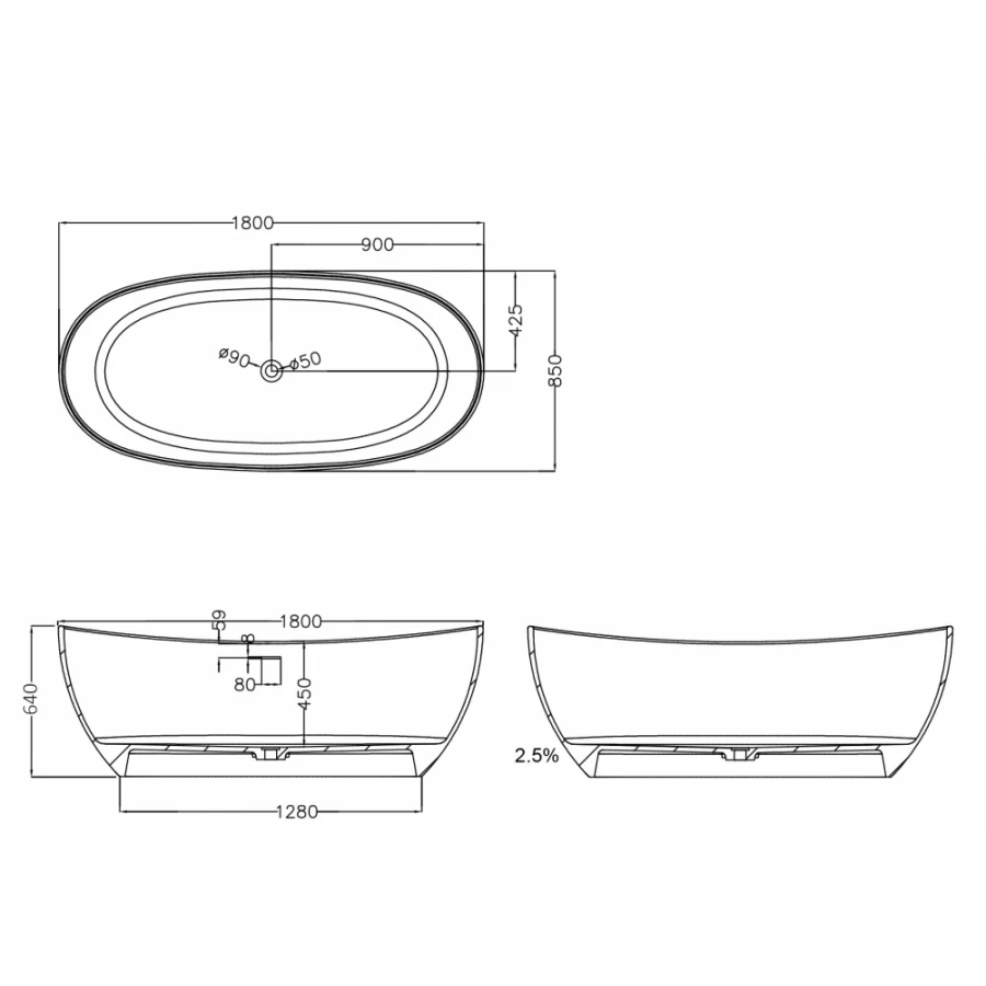Ванна из искусственного камня Abber Stein белая матовая AS9615 180x85 см