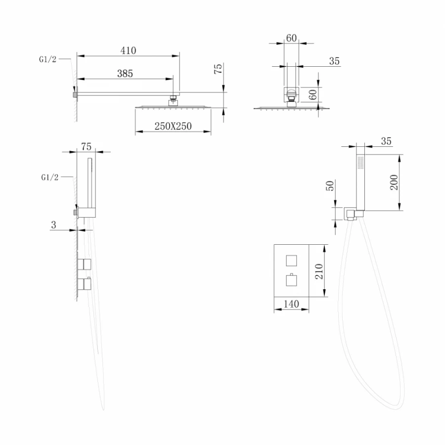 Душевая система Abber Daheim скрытого монтажа без излива термостат хром AF8251