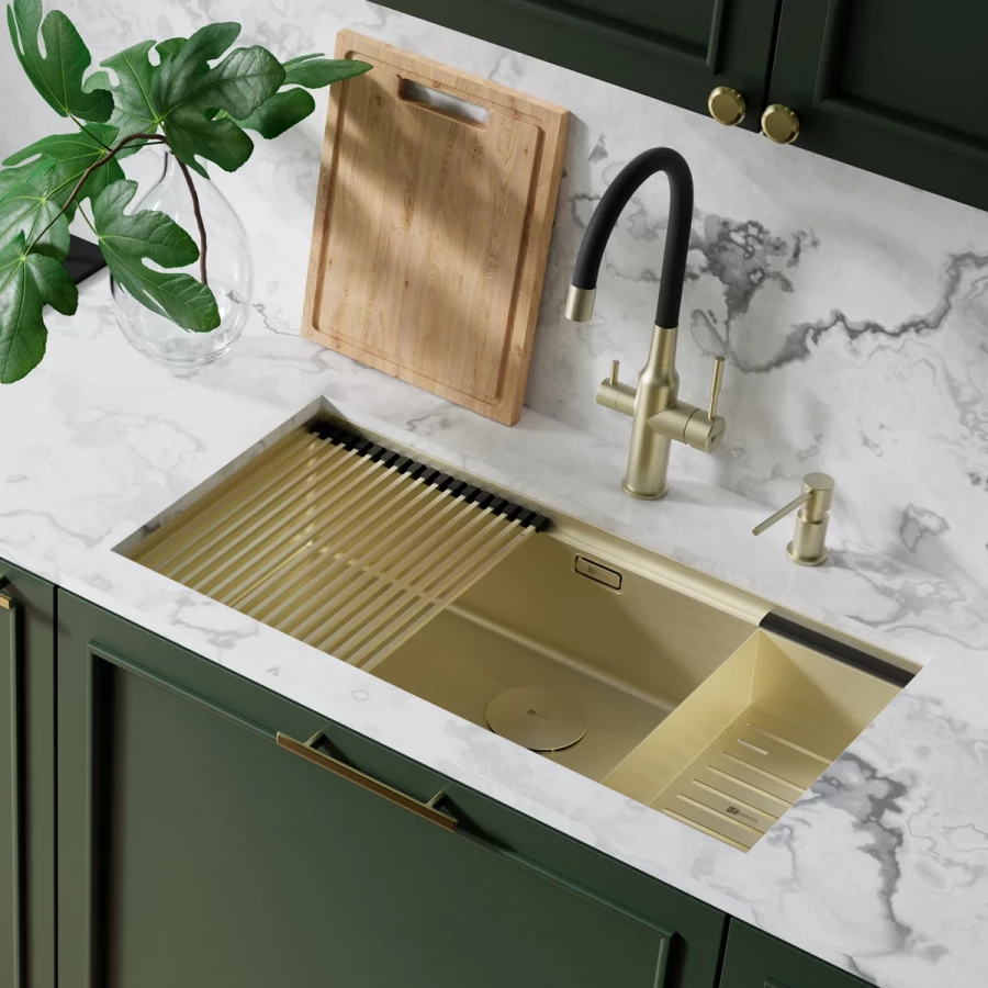 Кухонная мойка Lemark Tabaga 820 прямоугольная из нержавеющей стали с аксессуарами в комплекте золото 9938134