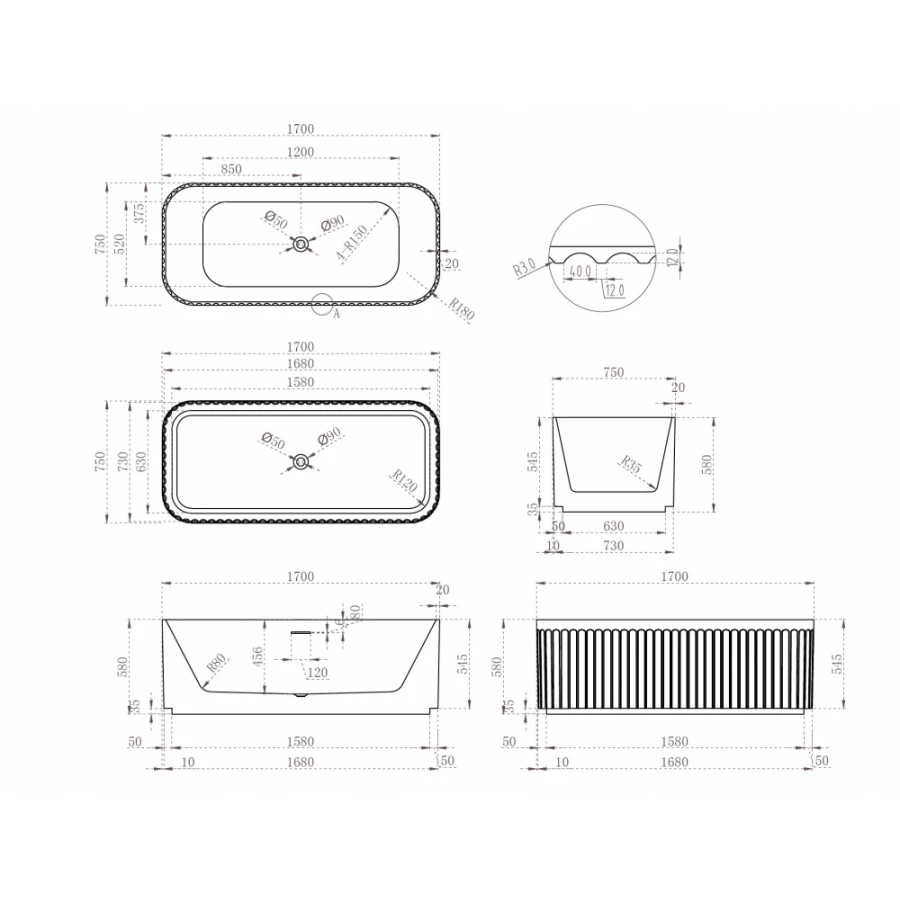 Акриловая ванна Abber белая AB9411-1.7 170x75 см