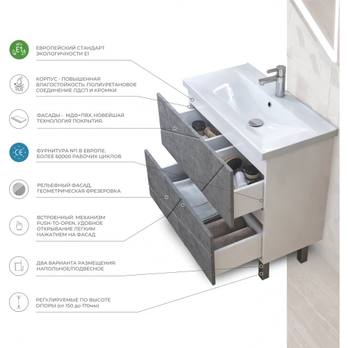 Тумба под раковину Vigo Geometry 600-0-2 бетон tn.bsf.GEO.FOS.60.2Y бетон