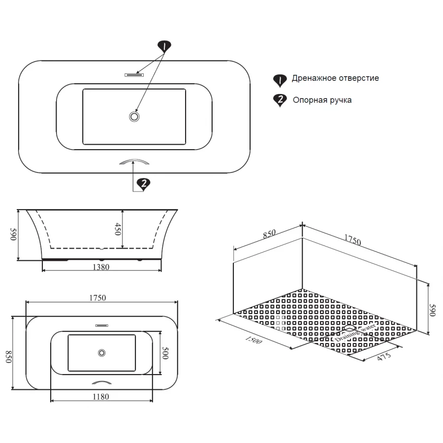 Ванна акриловая Azario Stresa отдельностоящая AZ-М706 175х85х59 см