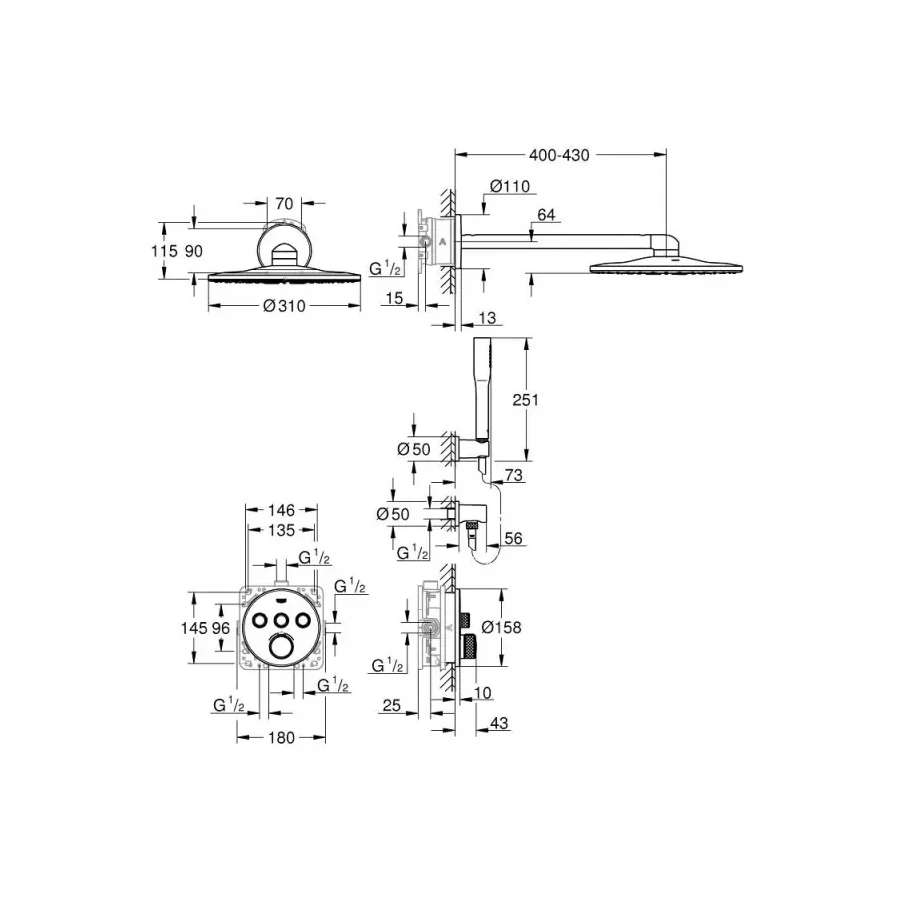 Душевой комплект с термостатом Grohe Grohtherm SmartControl с внутренней частью 34705000