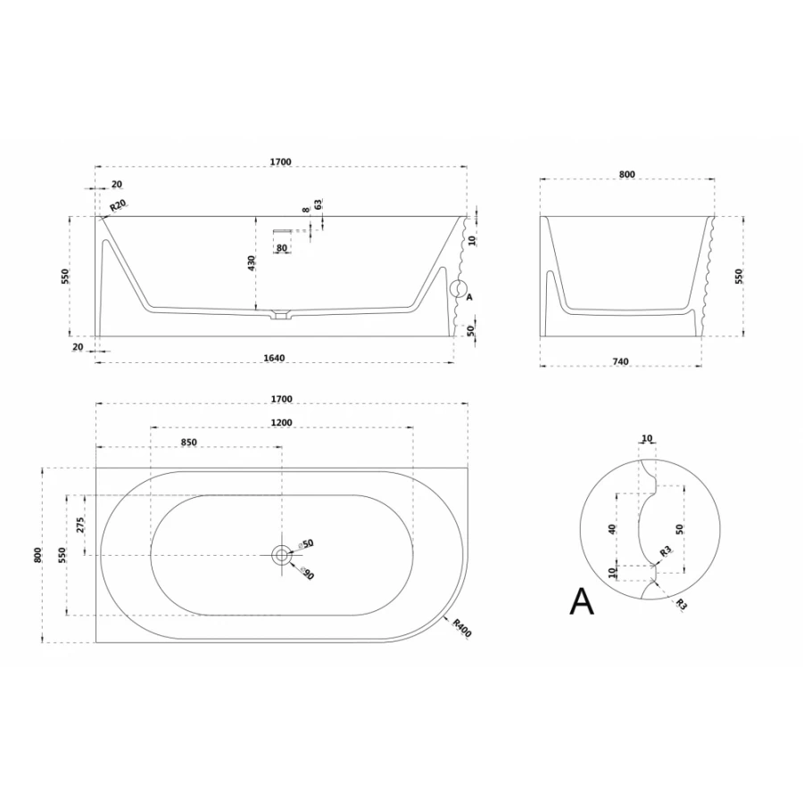 Ванна из искусственного камня Abber Stein белая матовая AS9651 L 170х80 см