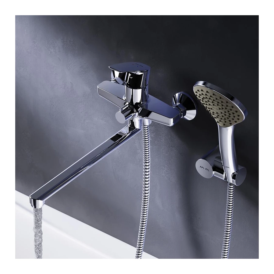 Смеситель для ванны и душа Am Pm Gem с длинным изливом c душевым набором F90A95000
