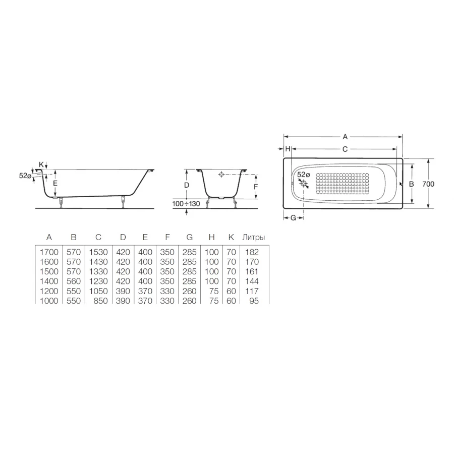 Ванна чугунная Roca Continental противоскользящее покрытие 7.2129.1.100.R 170х70 см