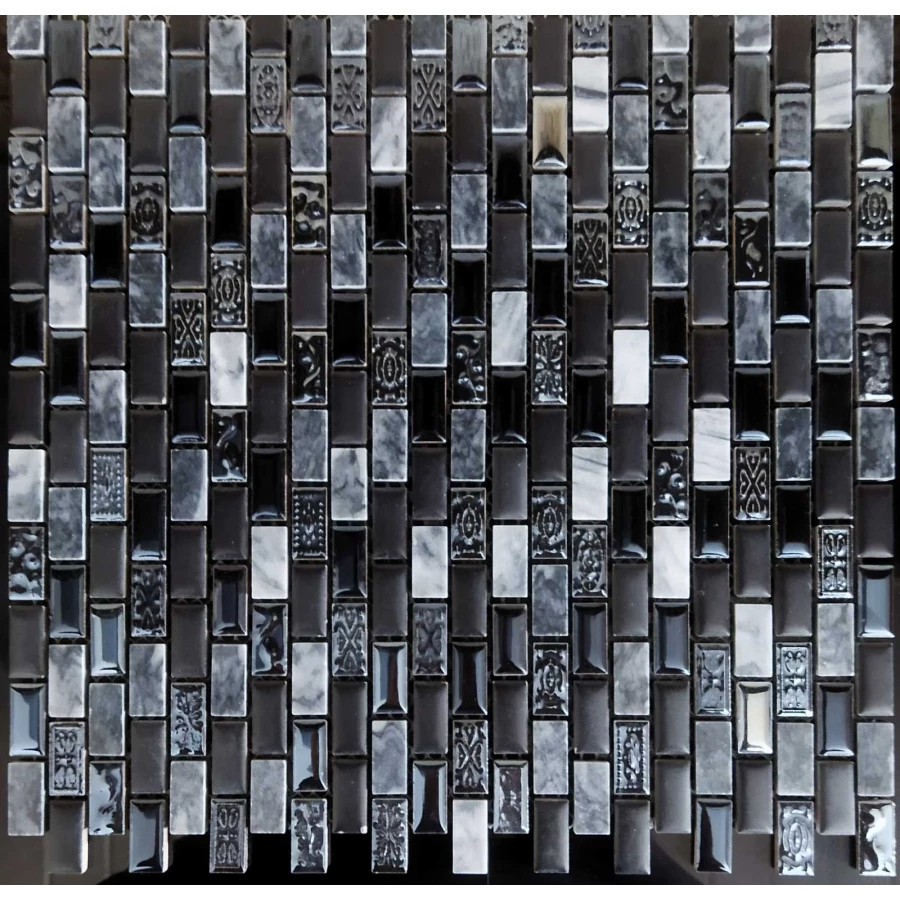 Мозаика Tonomosaic 112 матовая, глянцевая, из керамики и камня, серая, черная 30*30 см