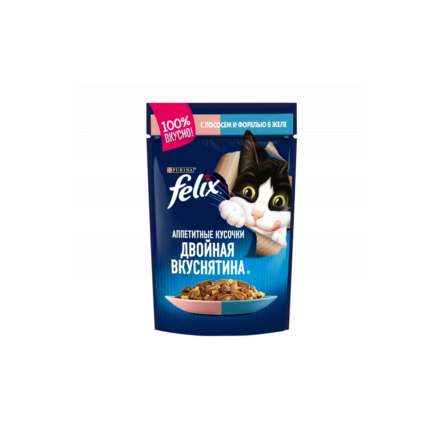 Консервы Felix для кошек аппетитные кусочки в желе двойная вкуснятина с лососем и форелью пауч 85 г