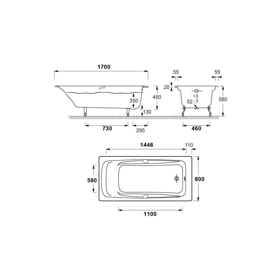 Ванна чугунная Jacob Delafon Repos с антискользящим покрытием без отверстий для ручек E2918-00 170х80 см