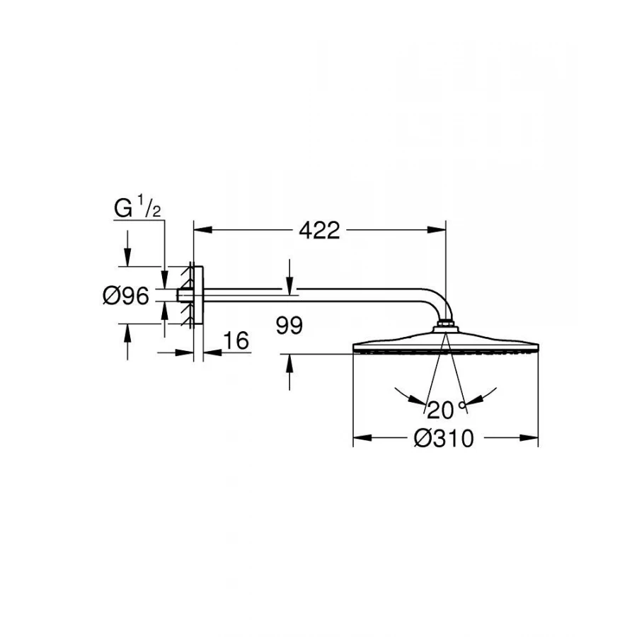 Верхний душ Grohe Rainshower Mono 310 с душевым кронштейном 1 режим струи фантомный чёрный 22121KF0