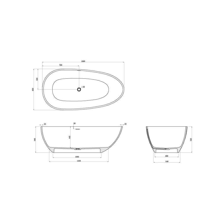 Ванна из искусственного камня Azario Clovis свободностоящая с белым матовым донным клапаном белая матовая CLO17085S 169х85х54 cм