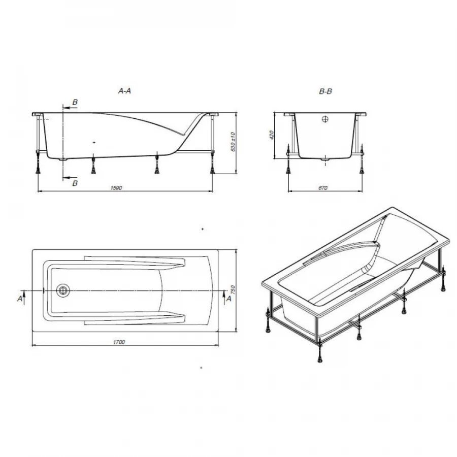 Акриловая ванна Roca Hall прямоугольная белая ZRU9302768 170х75 см