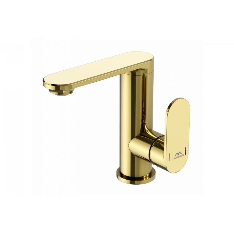 Смеситель Fashun для умывальника с поворотным изливом и регулируемым аэратором золото A8885-35