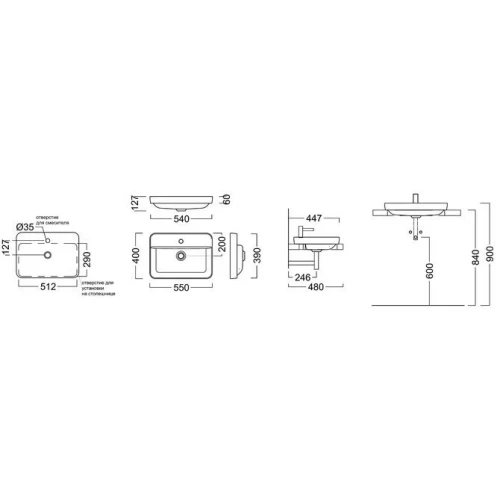 Раковина Kerama Marazzi Plaza встраиваемая сверху 55 белая глянцевая PLR.wbi.55.1