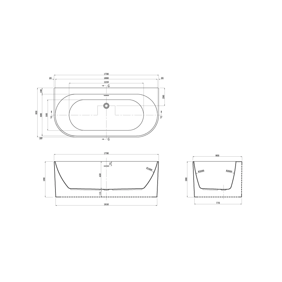 Ванна акриловая Azario Bradford пристенная в комплекте с сифоном и металлической рамой BRA17080 170х80х58 см
