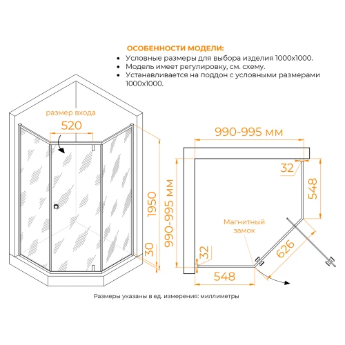 Душевой уголок RGW HO-088B Матовое-Сатинат 350608800-24 100х100 см