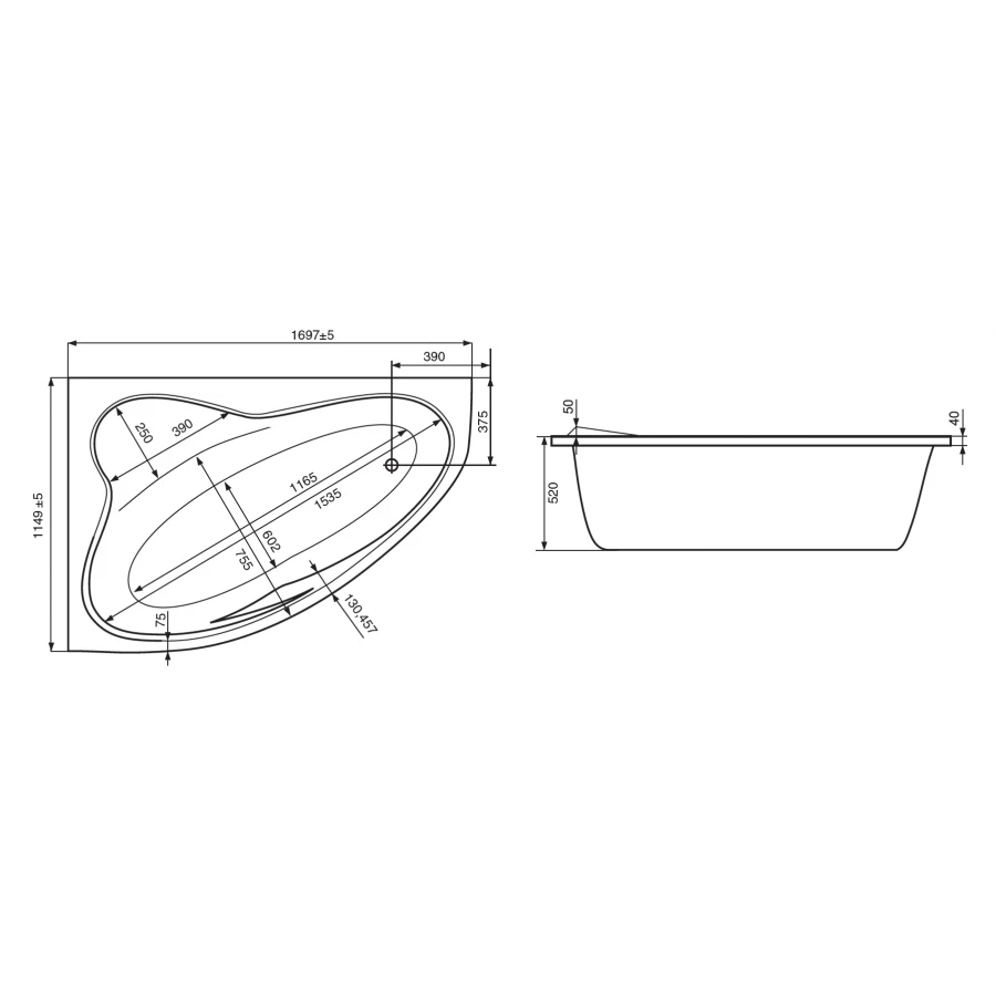 Ванна акриловая Roca Luna асимметричная правосторонняя 7.2486.4.100.0 170х115 см