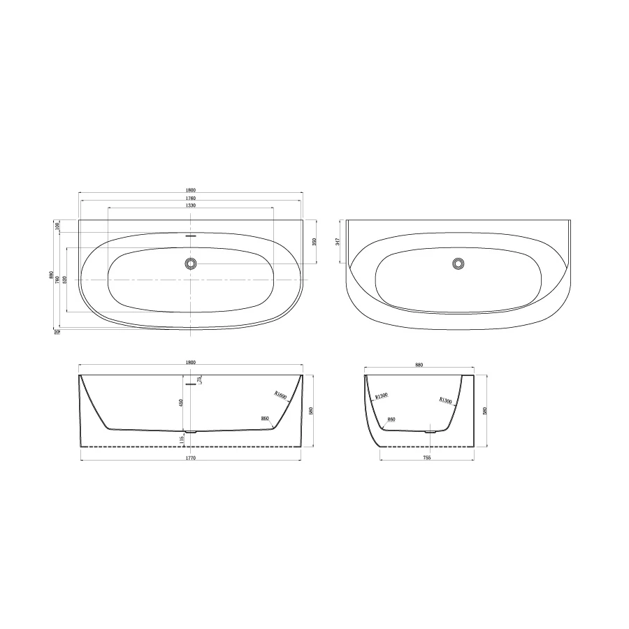 Ванна акриловая Azario Cambridge пристенная в комплекте с сифоном и металлической рамой CAM18090 180X88X58 см