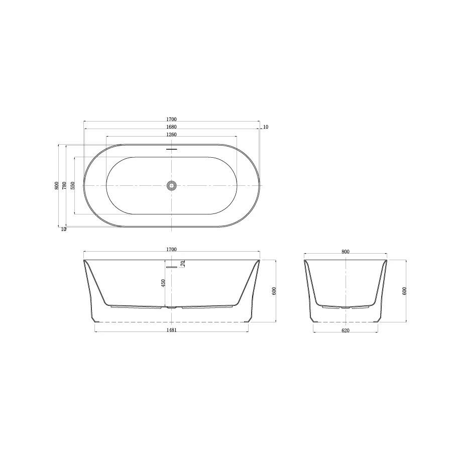Ванна акриловая Azario Kenston свободностоящая в комплекте с сифоном и металлической рамой KEN17080 170х80х60 см