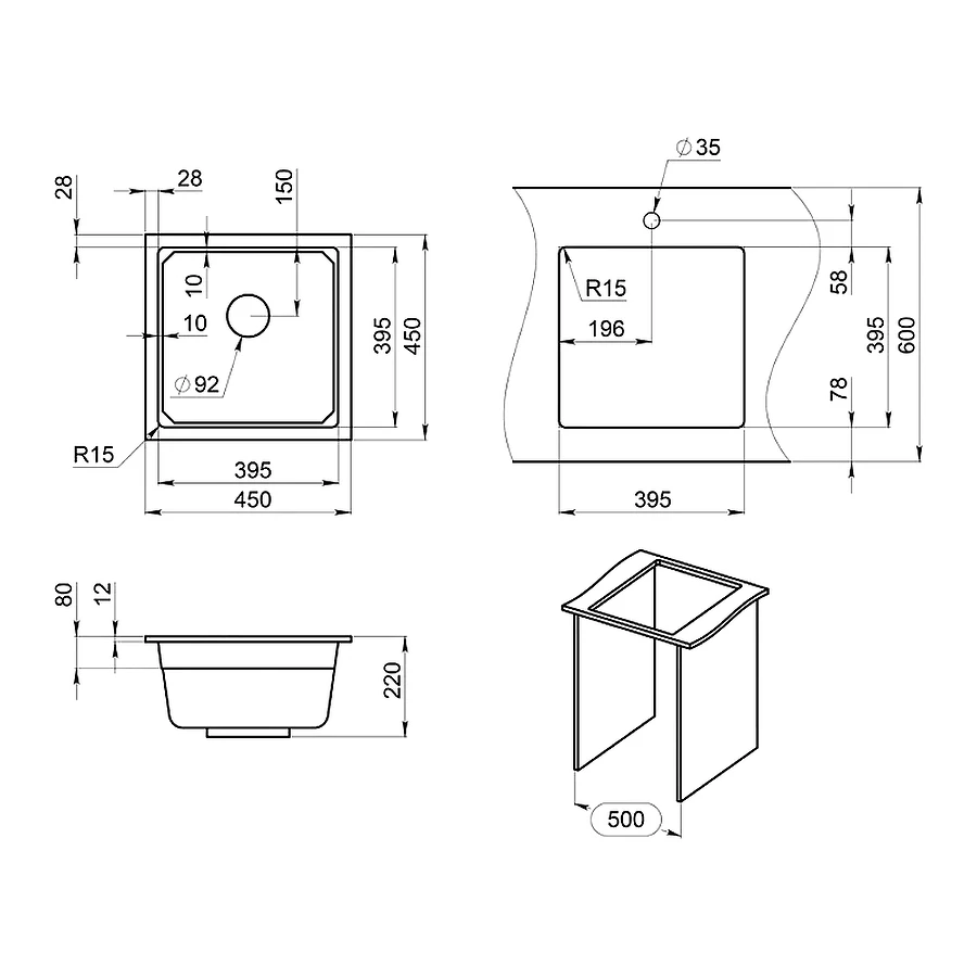 Кухонная мойка Granula Kitchen Space 4501U, ШВАРЦ 45х45 см