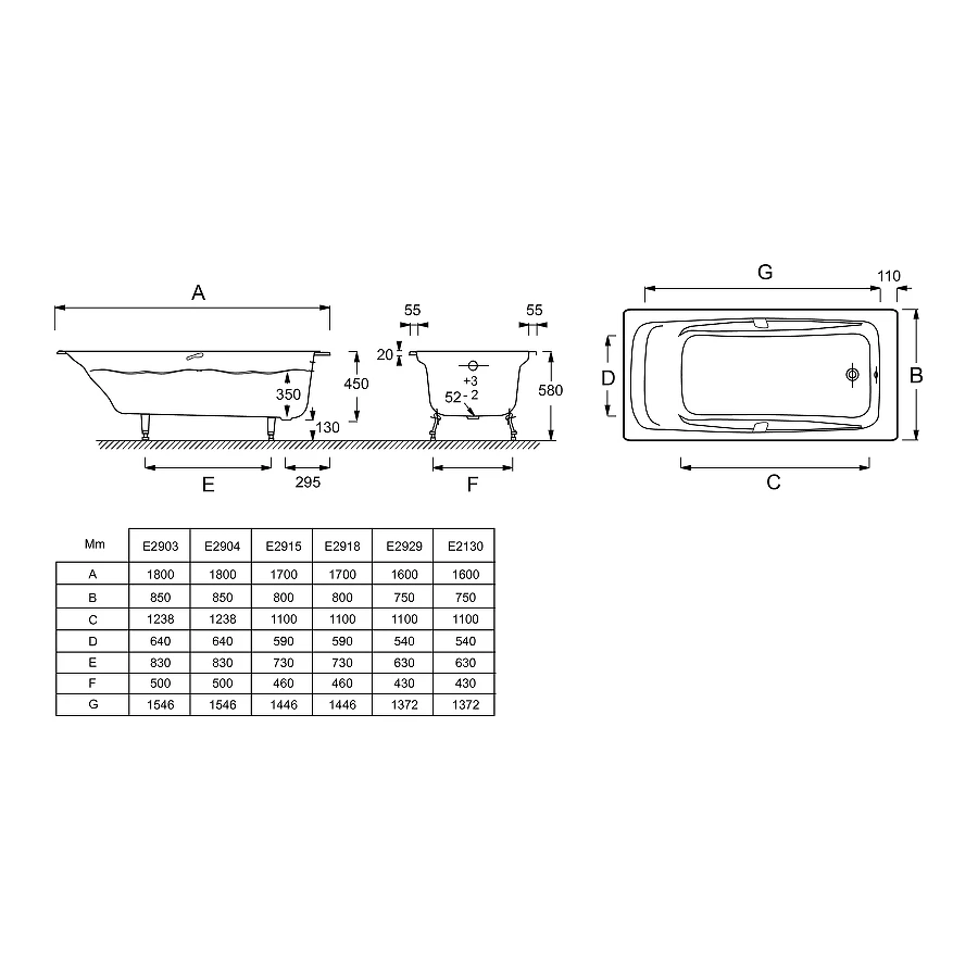 Чугунная ванна Jacob Delafon Repos E2904-S-00 180x85 см