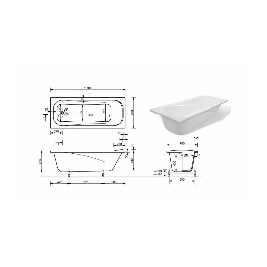 Ванна из литьевого мрамора Creto Nova белая 23-1112 170х70 см