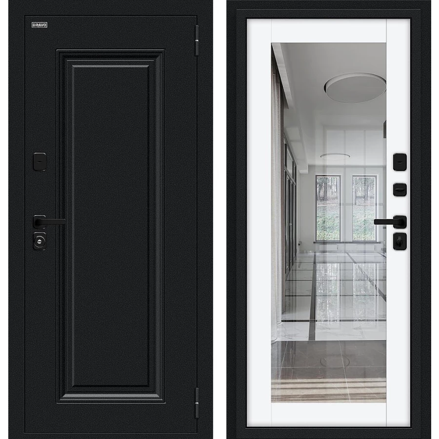 Входная дверь Bravo Thermo Флэш МФ/SBlack 205x96 Букле черное/White Silk правое открывание