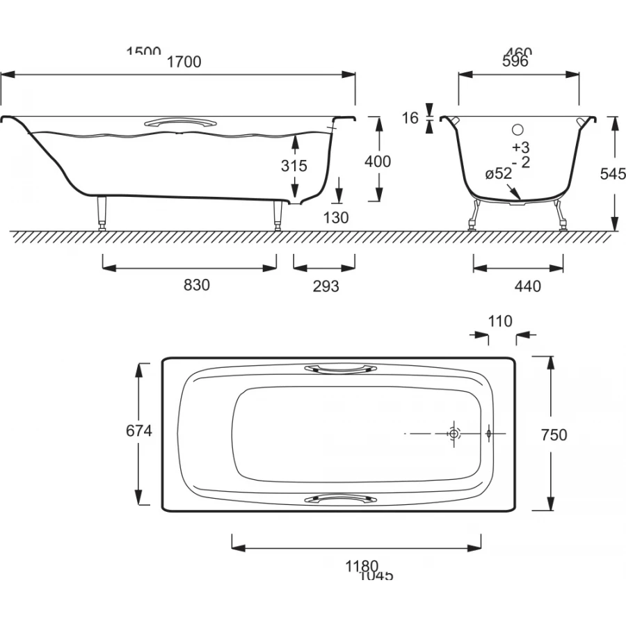 Ванна чугунная Jacob Delafon Diapason с антискользящим покрытием с отверстием для ручек без ножек белая E2926-00 170x75 см