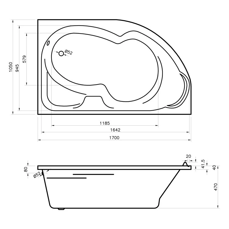 Акриловая ванна Lavinia Boho Grance Hill 3703170R / 170*105 см, правая