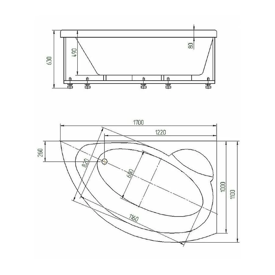 Акриловая ванна Aquatek Аякс 2 правая без гидромассажа с фронтальным экраном вклеенный каркас AYK170-0000089 170х110 см