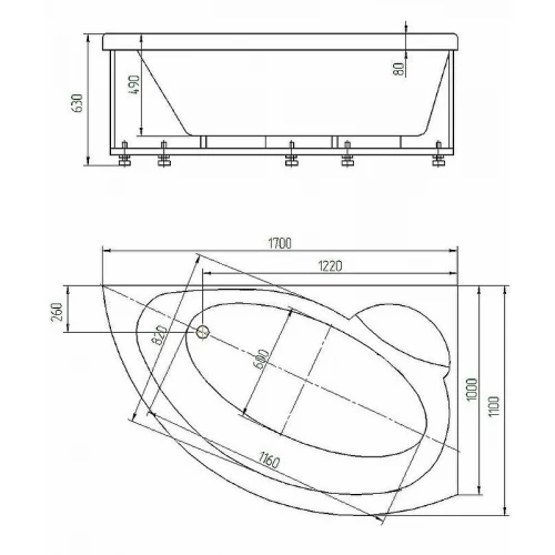 Акриловая ванна Aquatek Аякс 2 правая без гидромассажа с фронтальным экраном вклеенный каркас AYK170-0000089 170х110 см