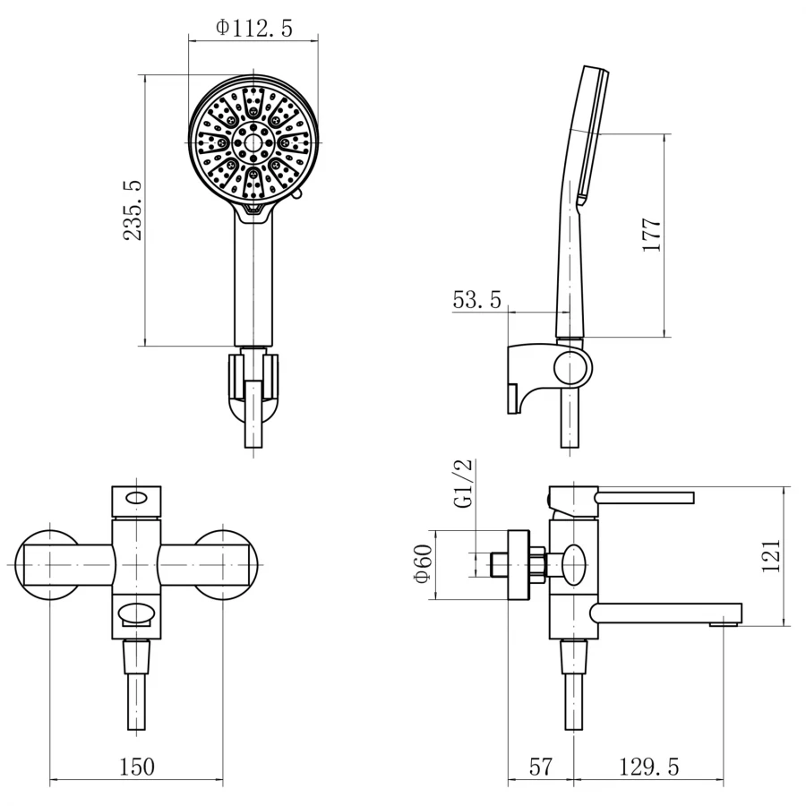 Смеситель Fashun для ванны с душевым гарнитуром сатин A53034
