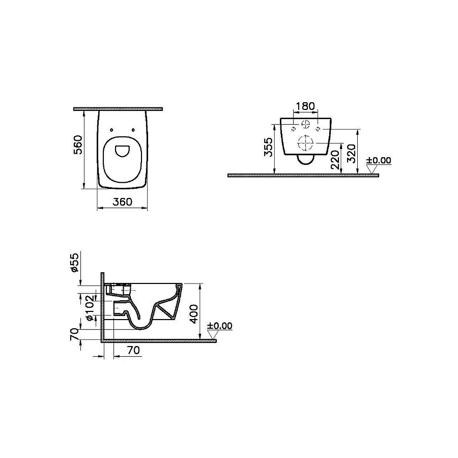 Комплект Vitra Metropole унитаз подвесной безободковый с тонким сиденьем МЛ инсталляция панель смыва матовый хром 9820B003-7201